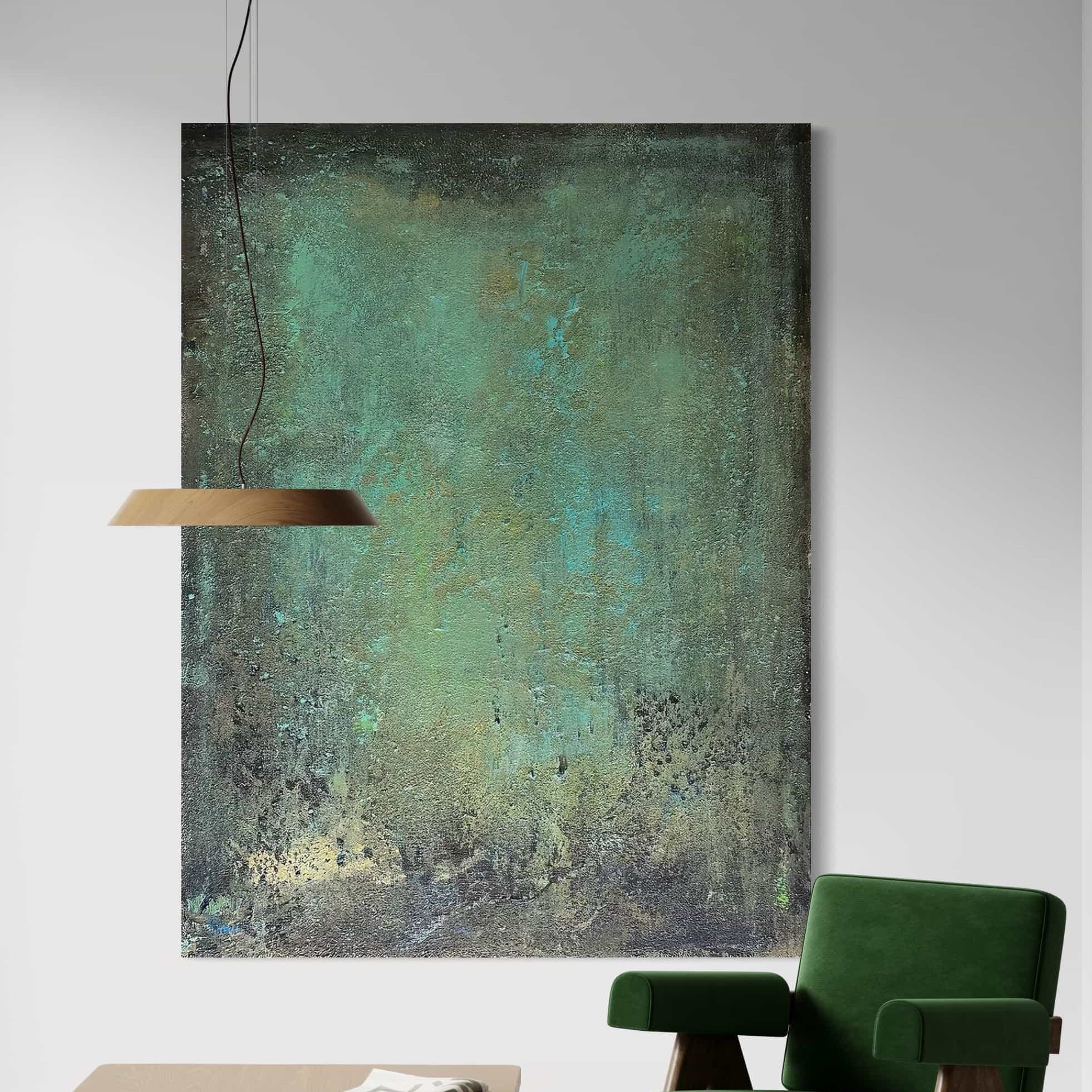 Wabi-Sabi-inspired abstract canvas art with textured green and blue tones, perfect for modern and minimalist interiors.
