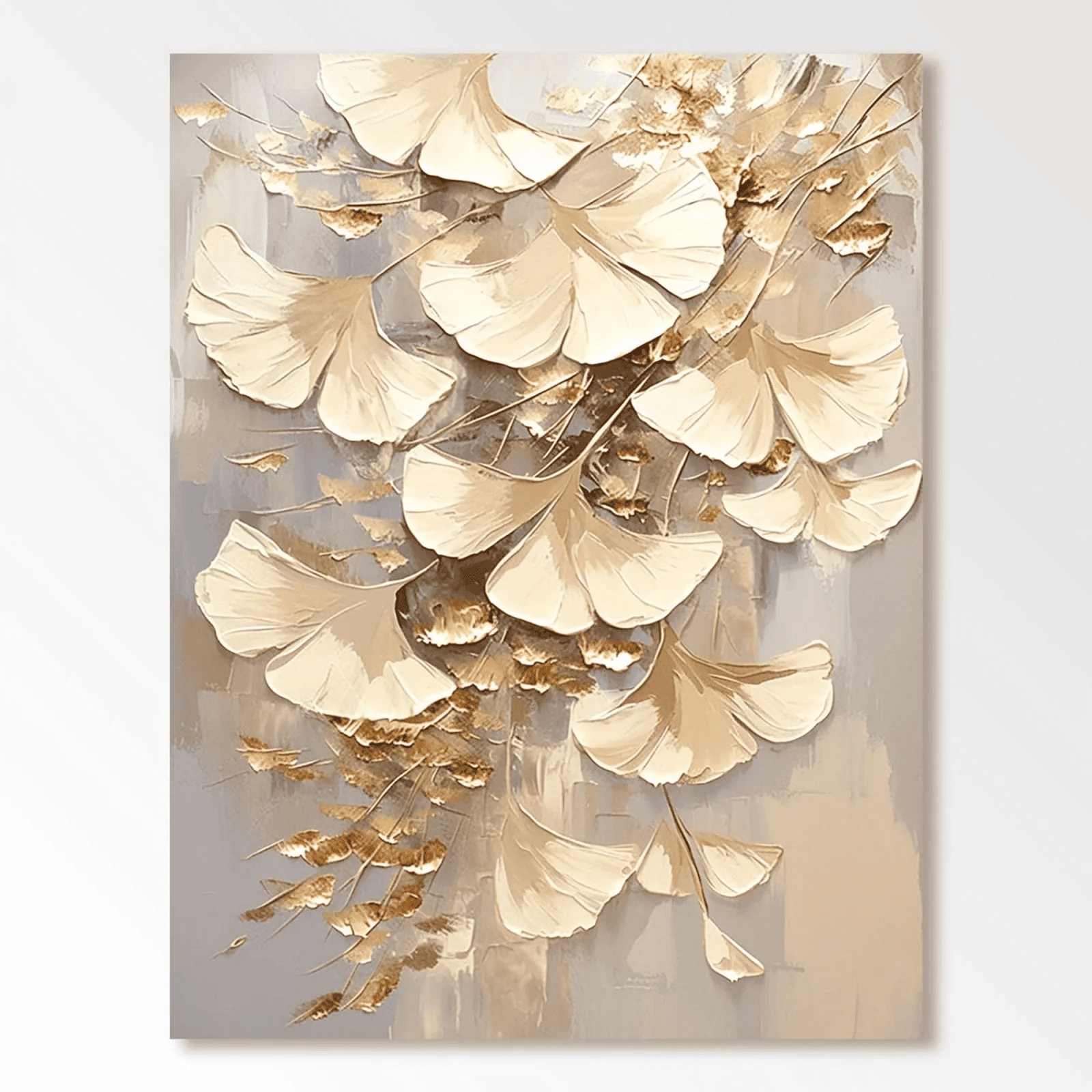 Golden Ginkgo Leaf Vertical Canvas Painting Hand-Painted Metallic