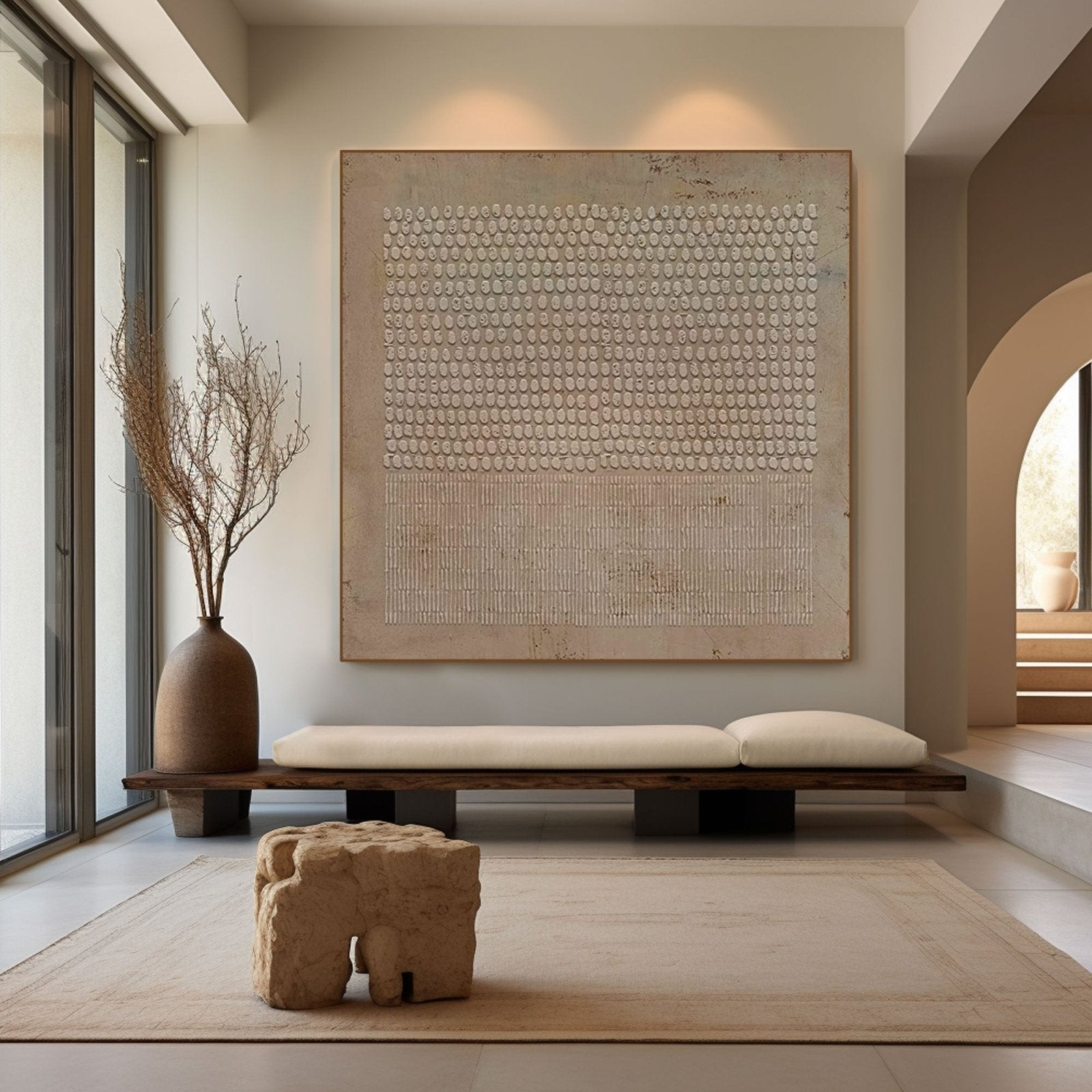 Large Wabi-Sabi style square canvas wall art with minimalist Japanese-inspired textures, featuring rustic vintage surfaces in an earthy palette.