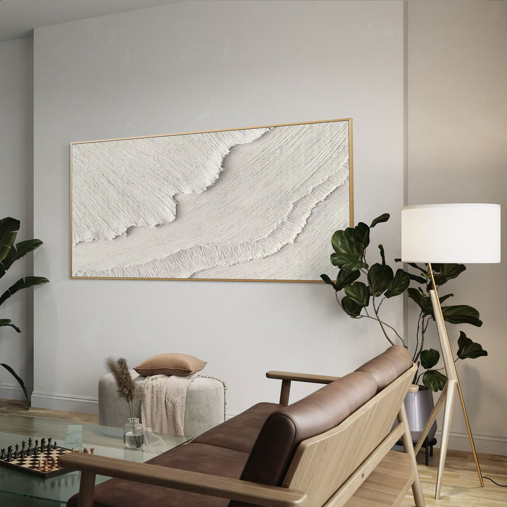 Cream 3D textured abstract wave painting 'Tidal Veil' in contemporary living room
