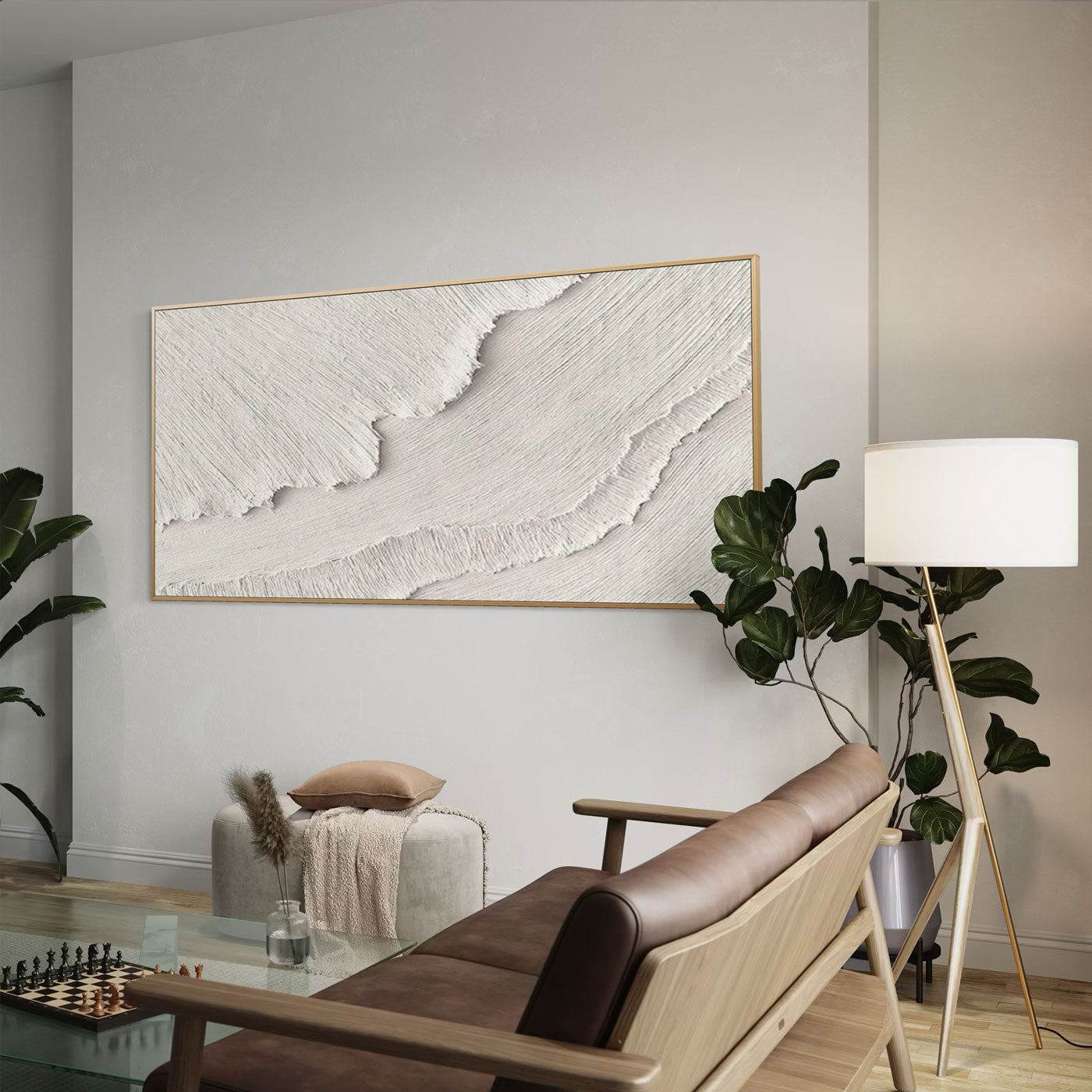 Cream 3D textured abstract wave painting 'Tidal Veil' in contemporary living room