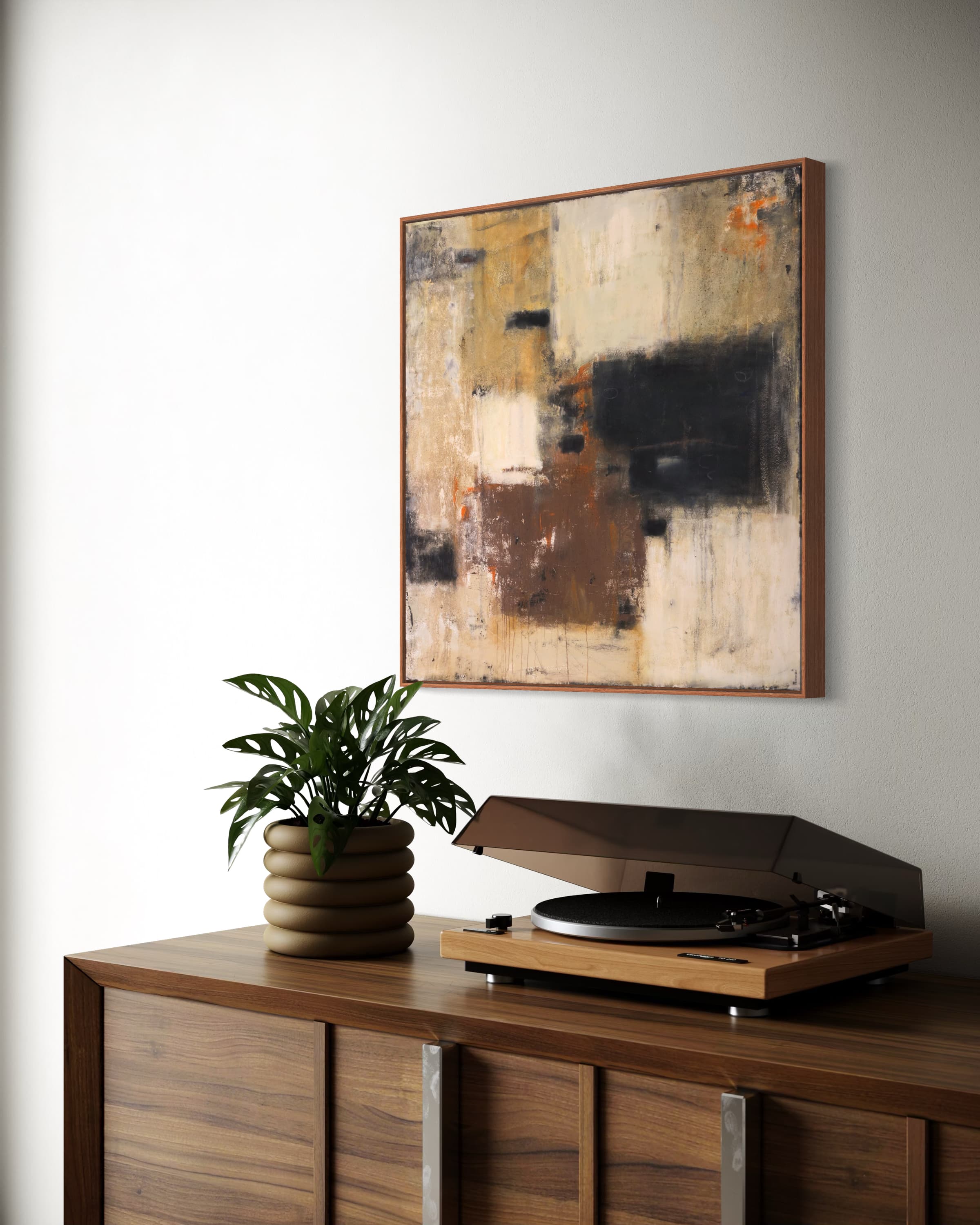 Abstract earthy-toned wall art featuring a balance of browns, beiges, and black on a square canvas, embracing a Wabi-Sabi aesthetic. This minimalist piece adds depth and quiet sophistication to contemporary living rooms, offices, or bedroom decor.