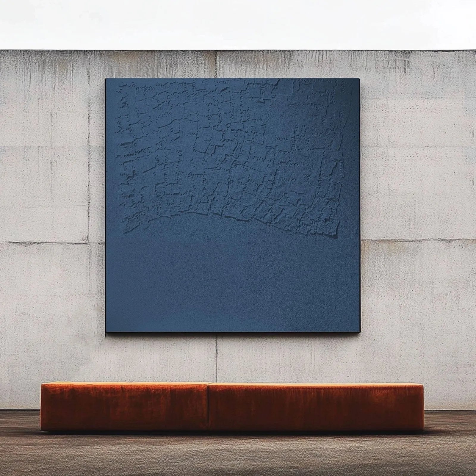 Handcrafted minimalist artwork showcasing organic textures in blue, suited for contemporary and Japandi interiors.