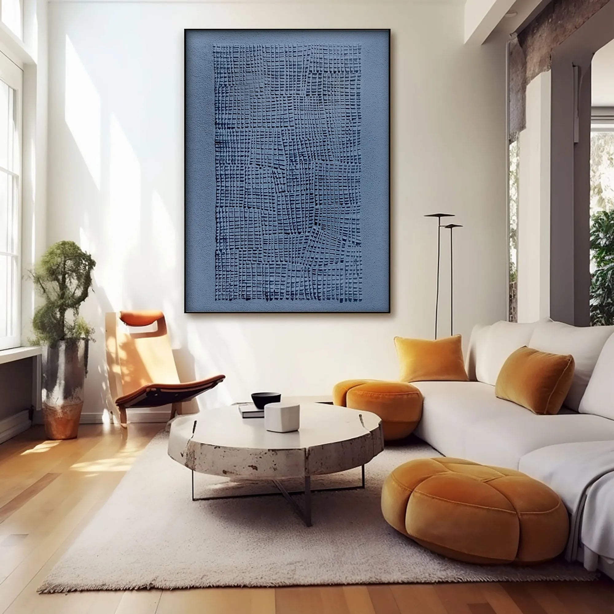 Textured blue acrylic artwork, ideal for offices or creative spaces seeking a subtle yet captivating focal point.