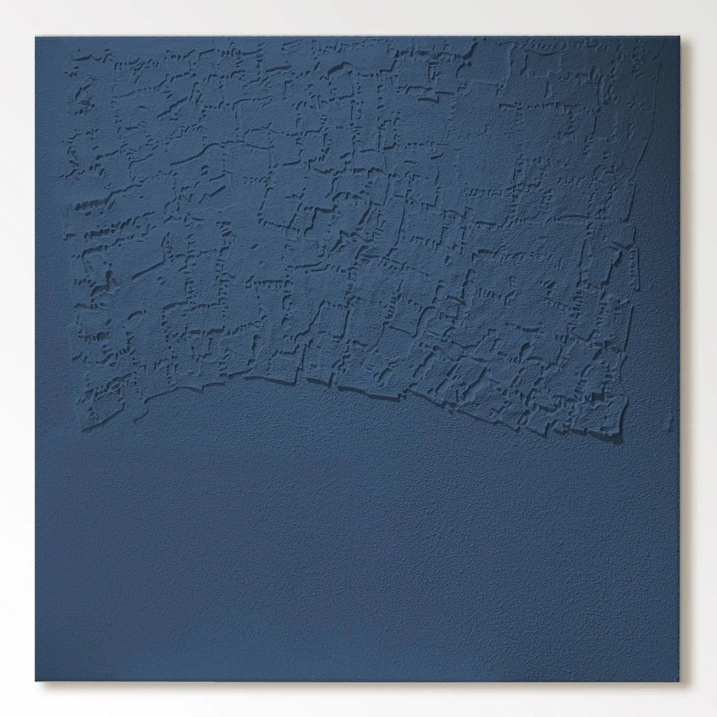 Minimalist blue canvas wall art with Wabi-Sabi texture, created using plaster and quartz sand, perfect for modern home decor.