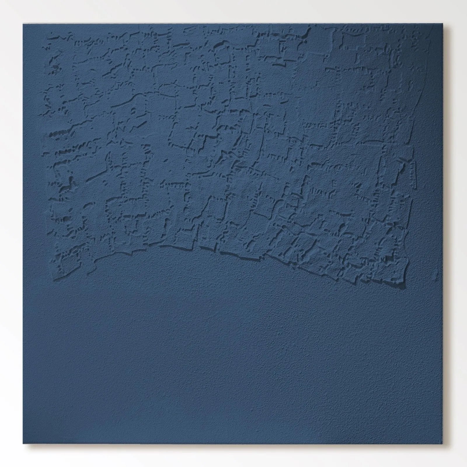 Minimalist blue canvas wall art with Wabi-Sabi texture, created using plaster and quartz sand, perfect for modern home decor.