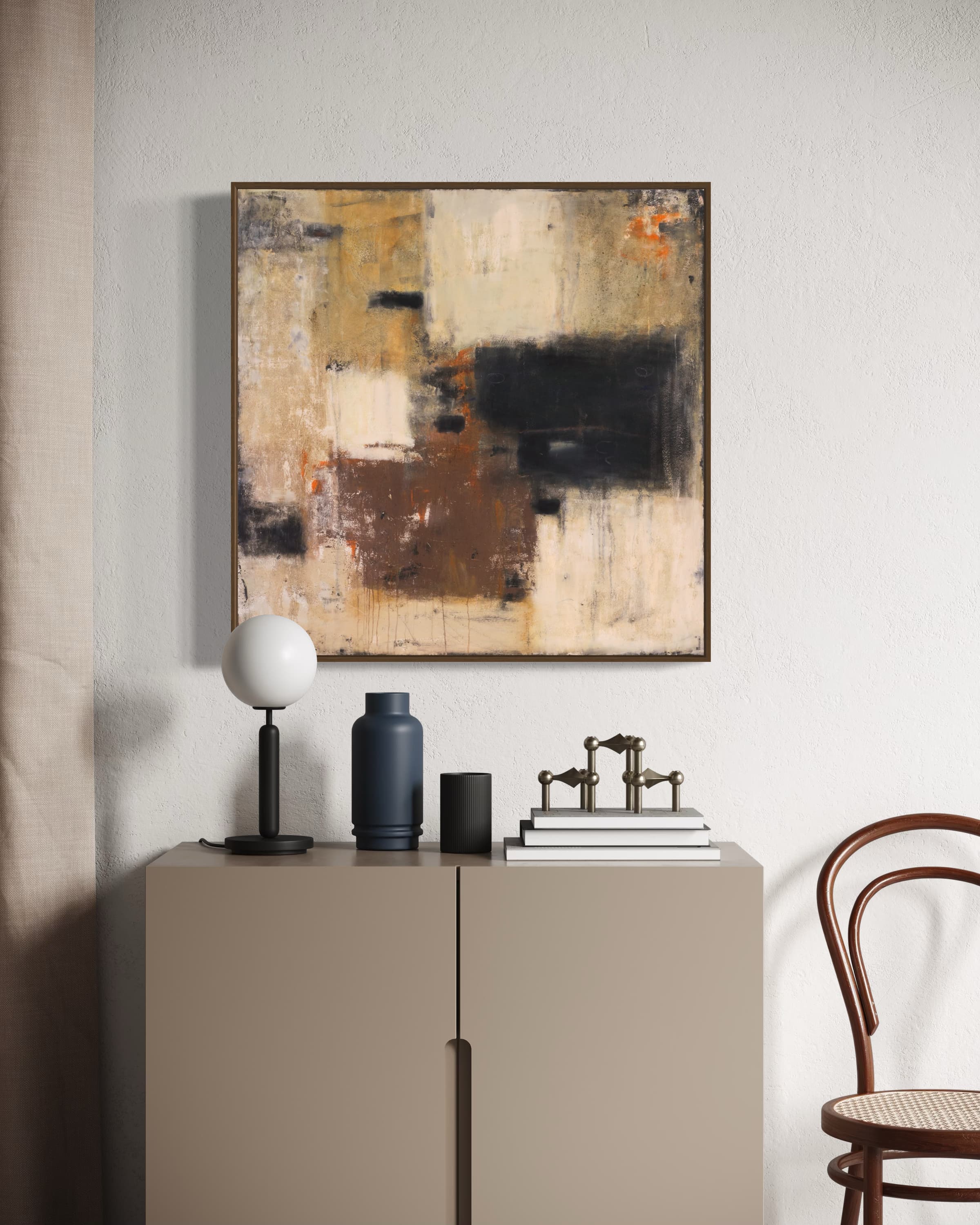 This contemporary Wabi-Sabi canvas art merges warm, rustic hues with understated brushwork on a square format. Showcasing raw textures and a minimalist aesthetic, it suits modern living rooms, offices, or cozy bedroom environments.