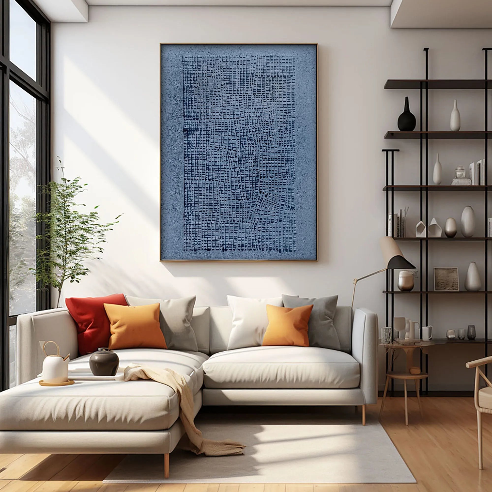 Contemporary Wabi-Sabi-inspired wall decor showcasing a serene blue palette and minimalistic brushstrokes.