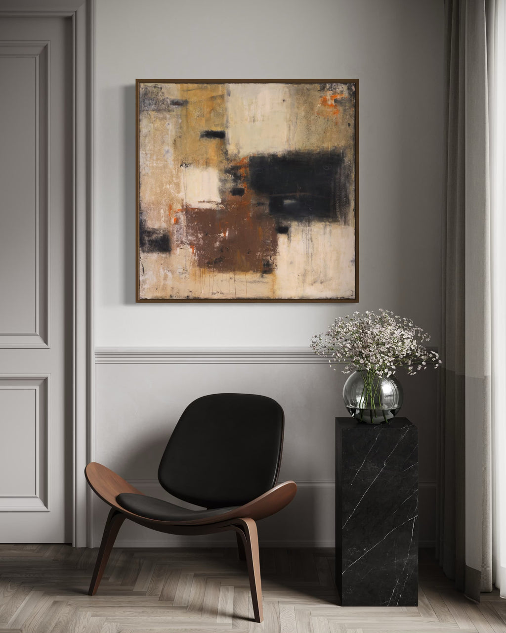 Hand-painted Wabi-Sabi square canvas with soft, muted browns and black accents, celebrating the simplicity and imperfection of minimalist design. Perfect for those looking to infuse an organic, warm atmosphere into modern or industrial interiors.