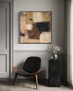 Hand-painted Wabi-Sabi square canvas with soft, muted browns and black accents, celebrating the simplicity and imperfection of minimalist design. Perfect for those looking to infuse an organic, warm atmosphere into modern or industrial interiors.