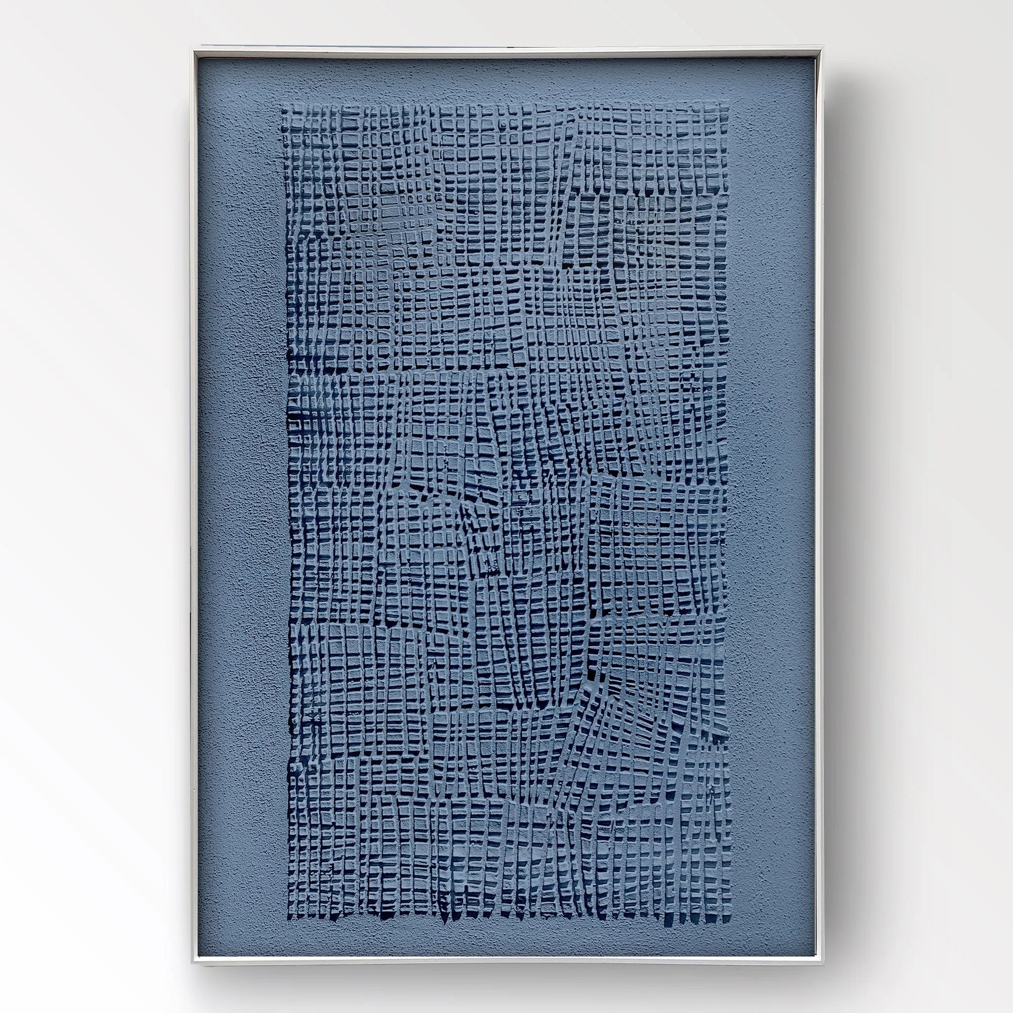 Wabi-Sabi minimalist blue canvas painting with vertical orientation, featuring an abstract acrylic design for modern interiors.