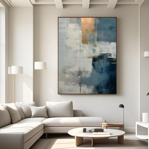Lumi Gallery large minimalist blue white abstract canvas art in modern livingroom