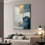 Hand-painted minimalist blue white abstract canvas art by Lumi Gallery in modern living room