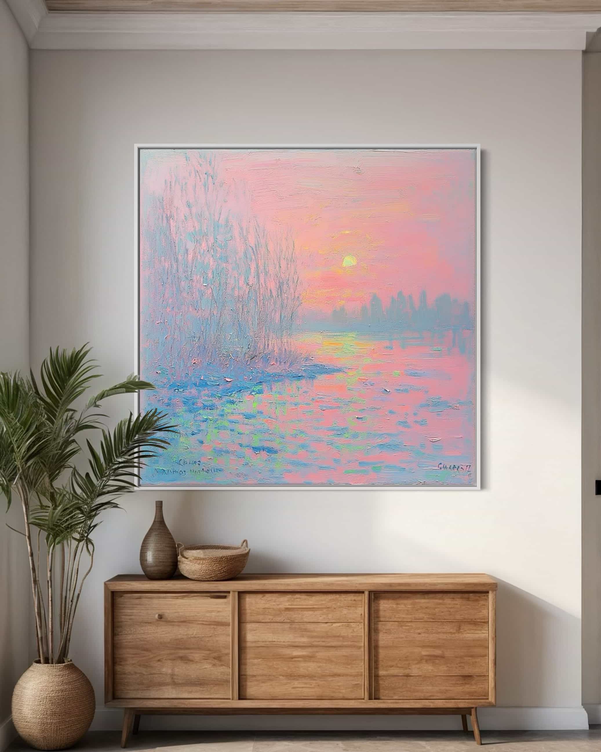 Impressionist landscape wall art in pink, blue, and purple tones, featuring a serene sunset over a tranquil river. Perfect for modern and romantic interiors.