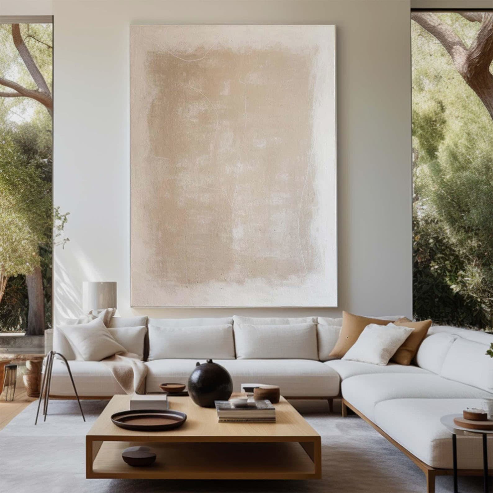 Minimalist abstract canvas wall art with beige and white tones, featuring natural textures for a serene and timeless look.