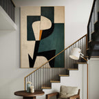 Bold geometric abstract canvas painting with textured green, black, and beige tones.