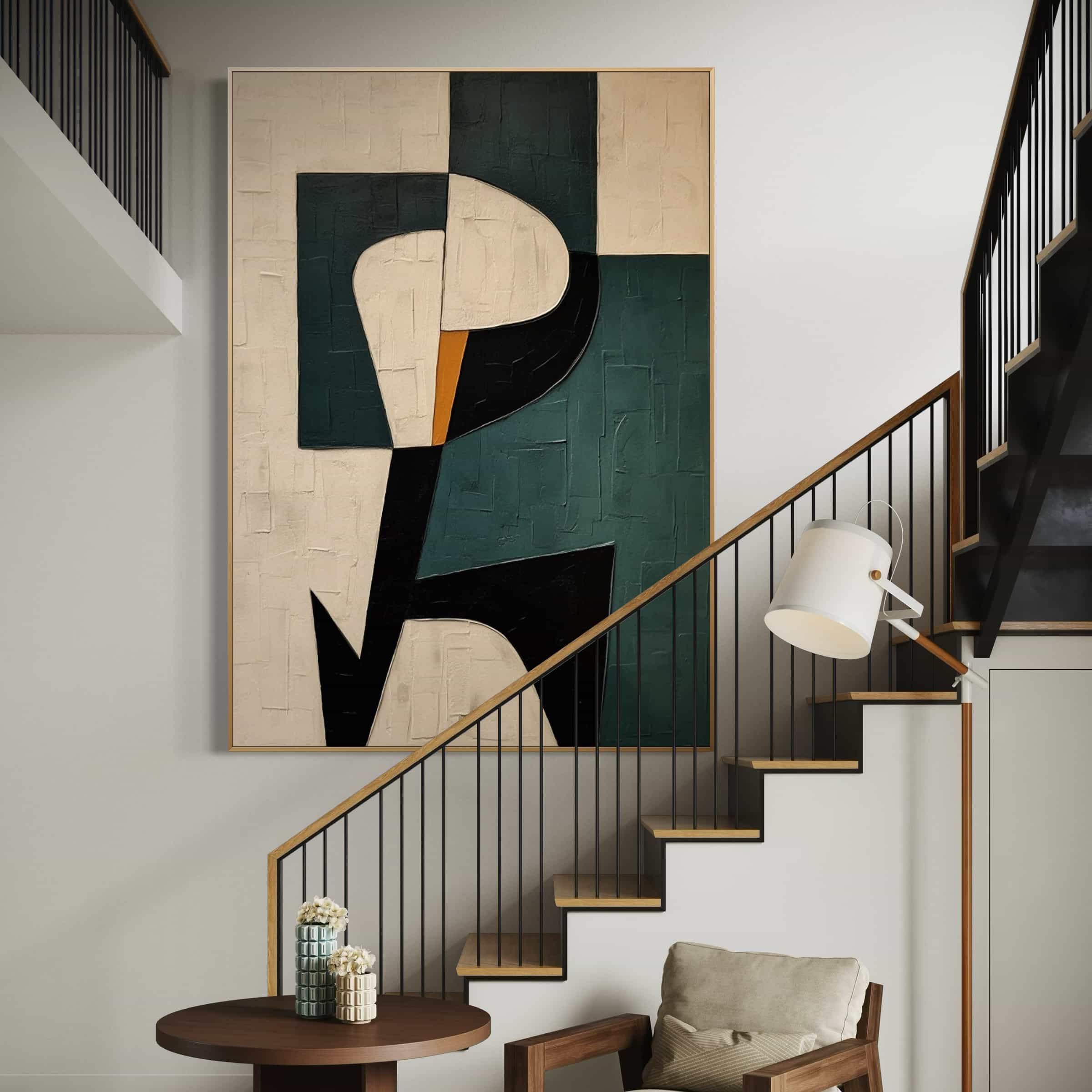 Bold geometric abstract canvas painting with textured green, black, and beige tones.