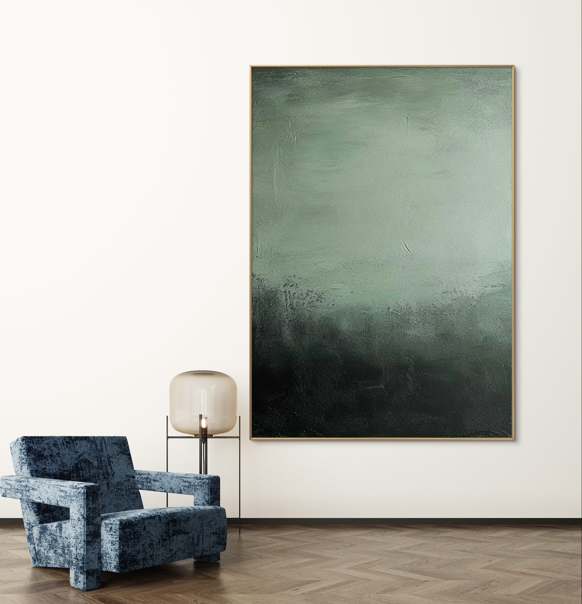 Wabi-Sabi inspired green wall art with organic texture and deep color tones.