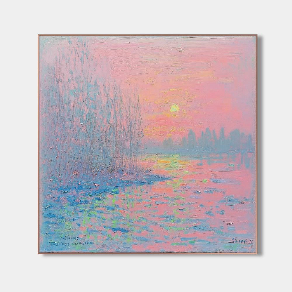 Impressionist landscape wall art in pink, blue, and purple tones, featuring a serene sunset over a tranquil river. Perfect for modern and romantic interiors.