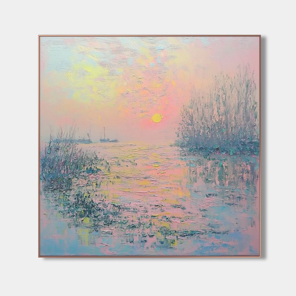 Pastel nature canvas art with pink and blue hues, showcasing a hand-painted impressionistic sunset scene. Ideal for living rooms and bedrooms.