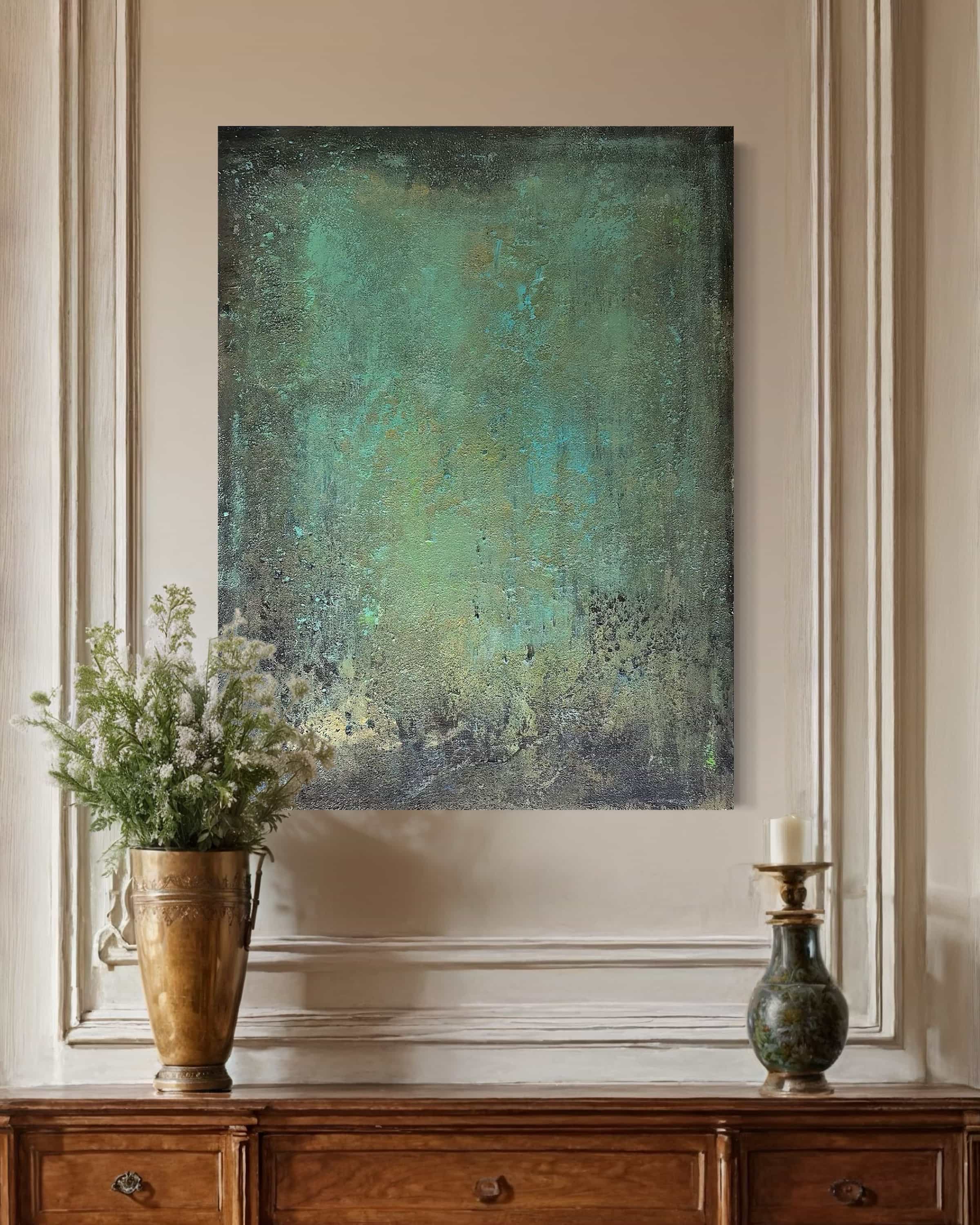 Mid-century vertical painting with earthy tones enhancing a clean gallery interior