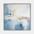 Framed abstract art: Blue and white landscape on square canvas with a thin metal frame.