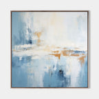 Framed abstract art: Blue and white landscape on square canvas with a thin metal frame.