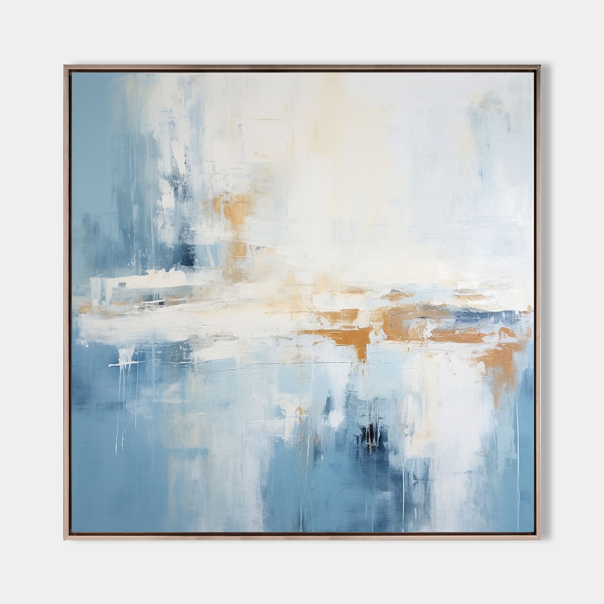 Framed abstract art: Blue and white landscape on square canvas with a thin metal frame.