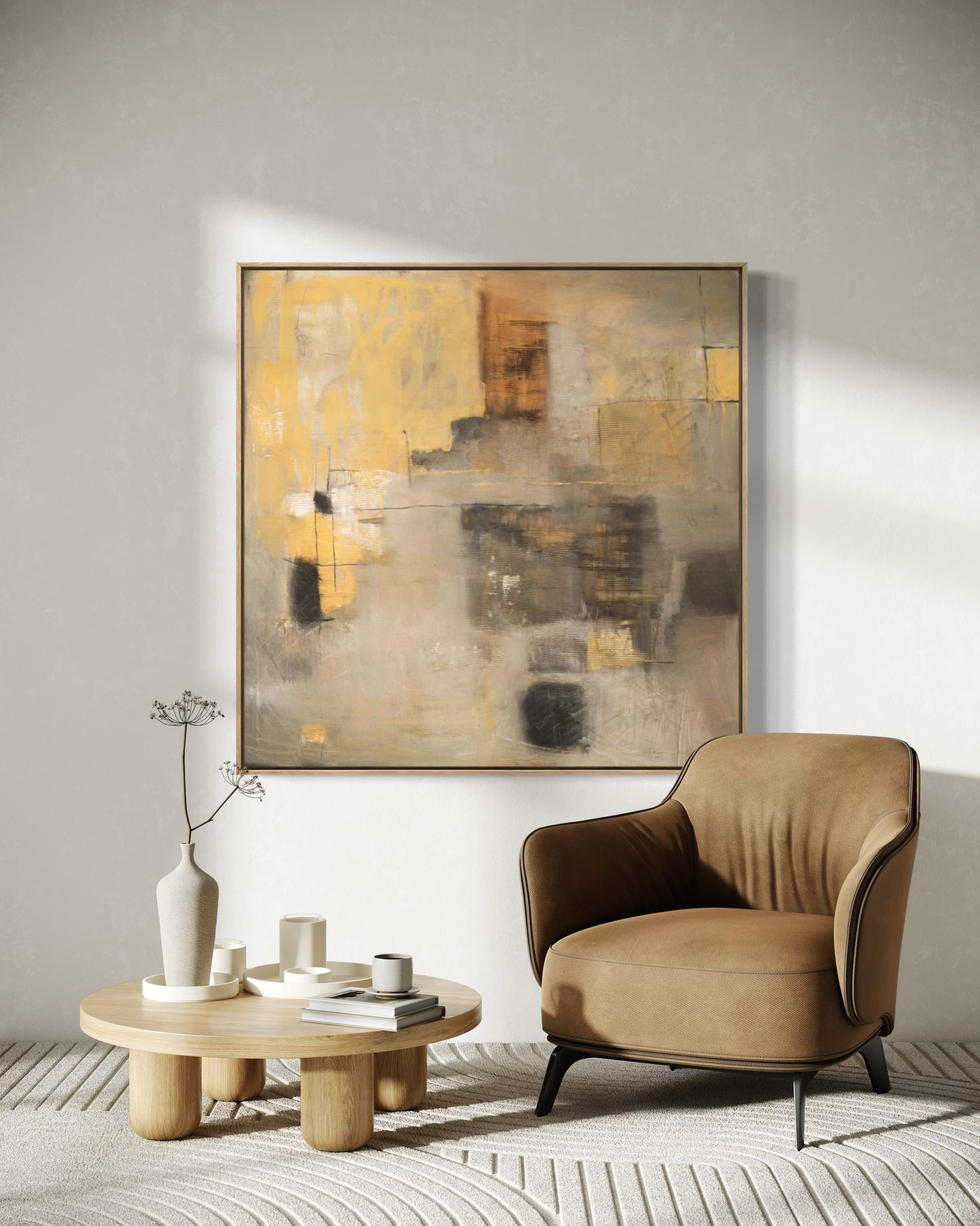 Abstract wall decor in a balanced square format, showcasing soft yellow, gray, and brown tones with a hint of rustic charm. This minimalist vintage piece adds a refined focal point to contemporary living spaces or boutique settings.