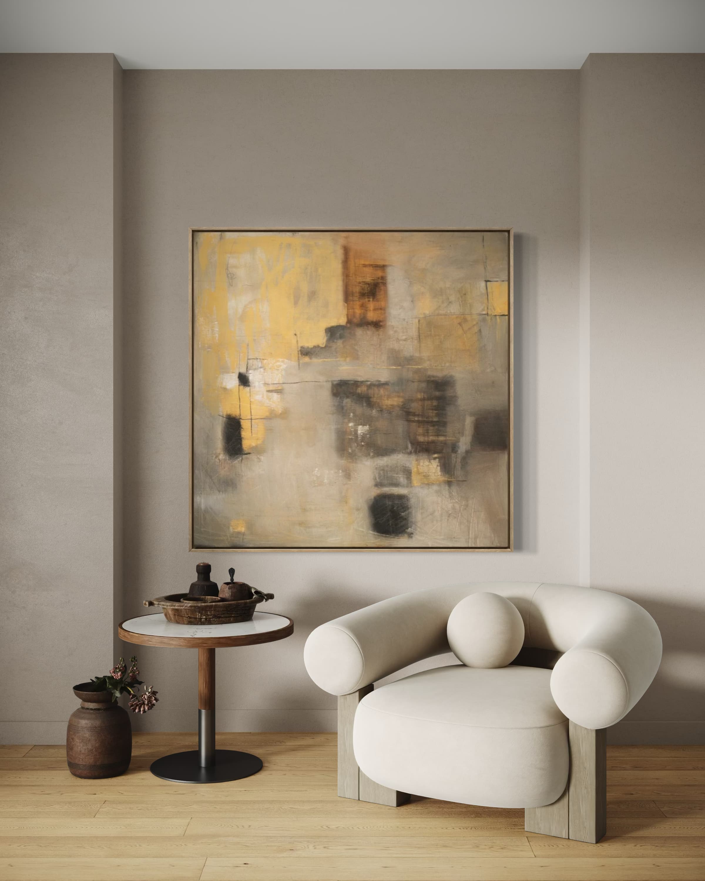 A subtle fusion of vintage hues and minimalist abstraction rendered on a square canvas, capturing gentle brush textures in gray, yellow, and brown. Ideal for elevating modern interiors or creating a nostalgic yet contemporary atmosphere.