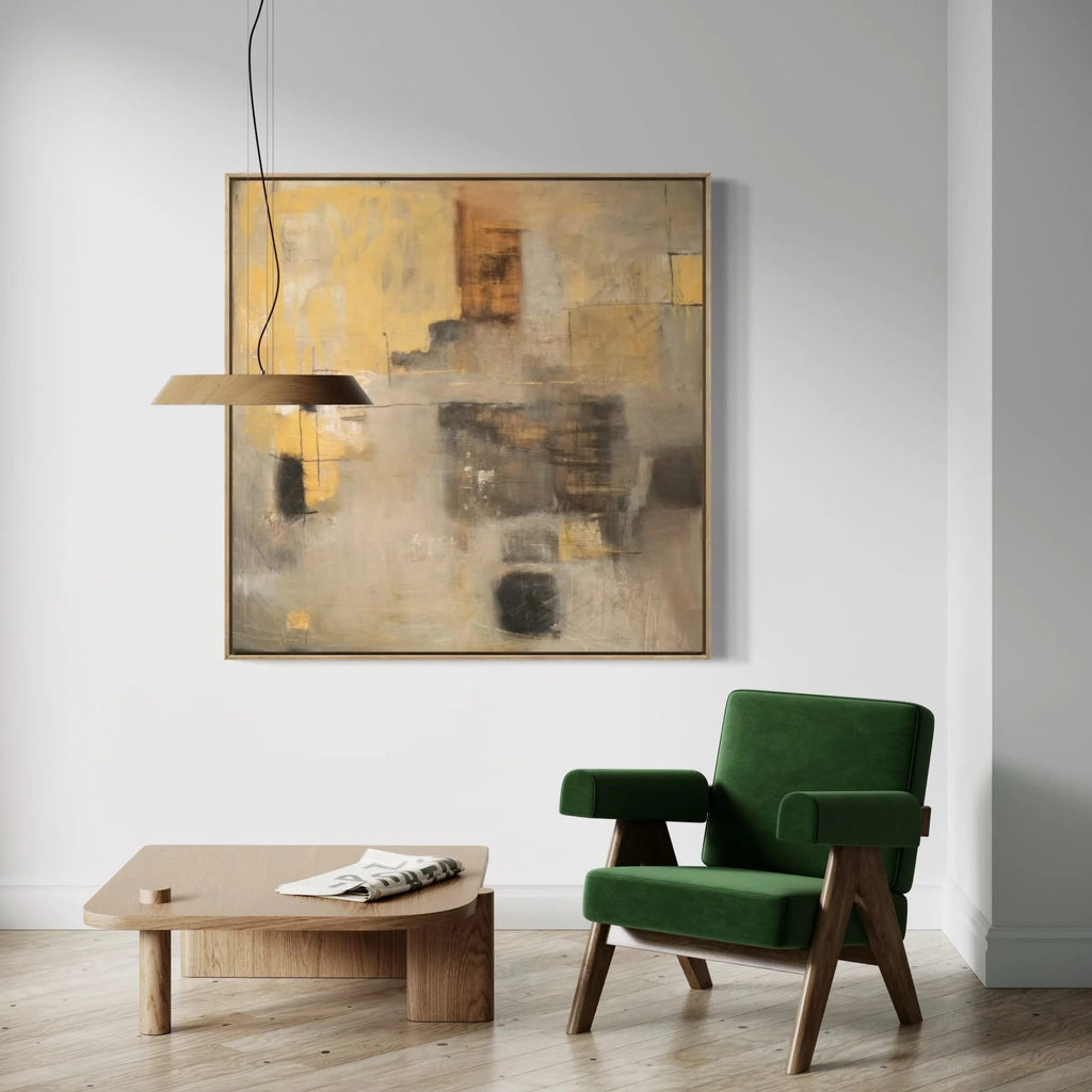 Hand-painted retro-style square canvas art blending muted grays and earthy yellows, creating a subtle, minimalist composition