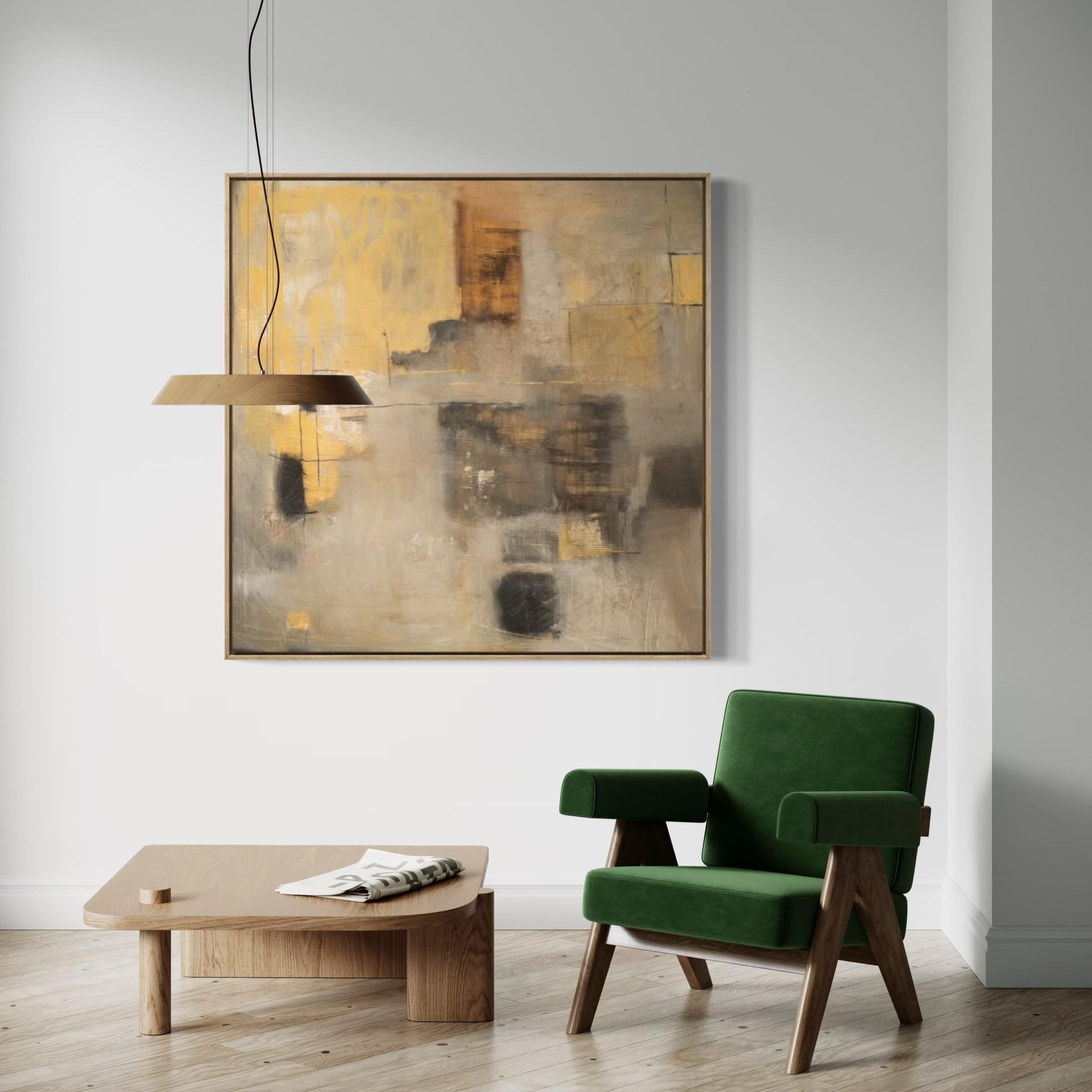 Hand-painted retro-style square canvas art blending muted grays and earthy yellows, creating a subtle, minimalist composition that complements both industrial lofts and cozy home interiors looking for vintage flair.