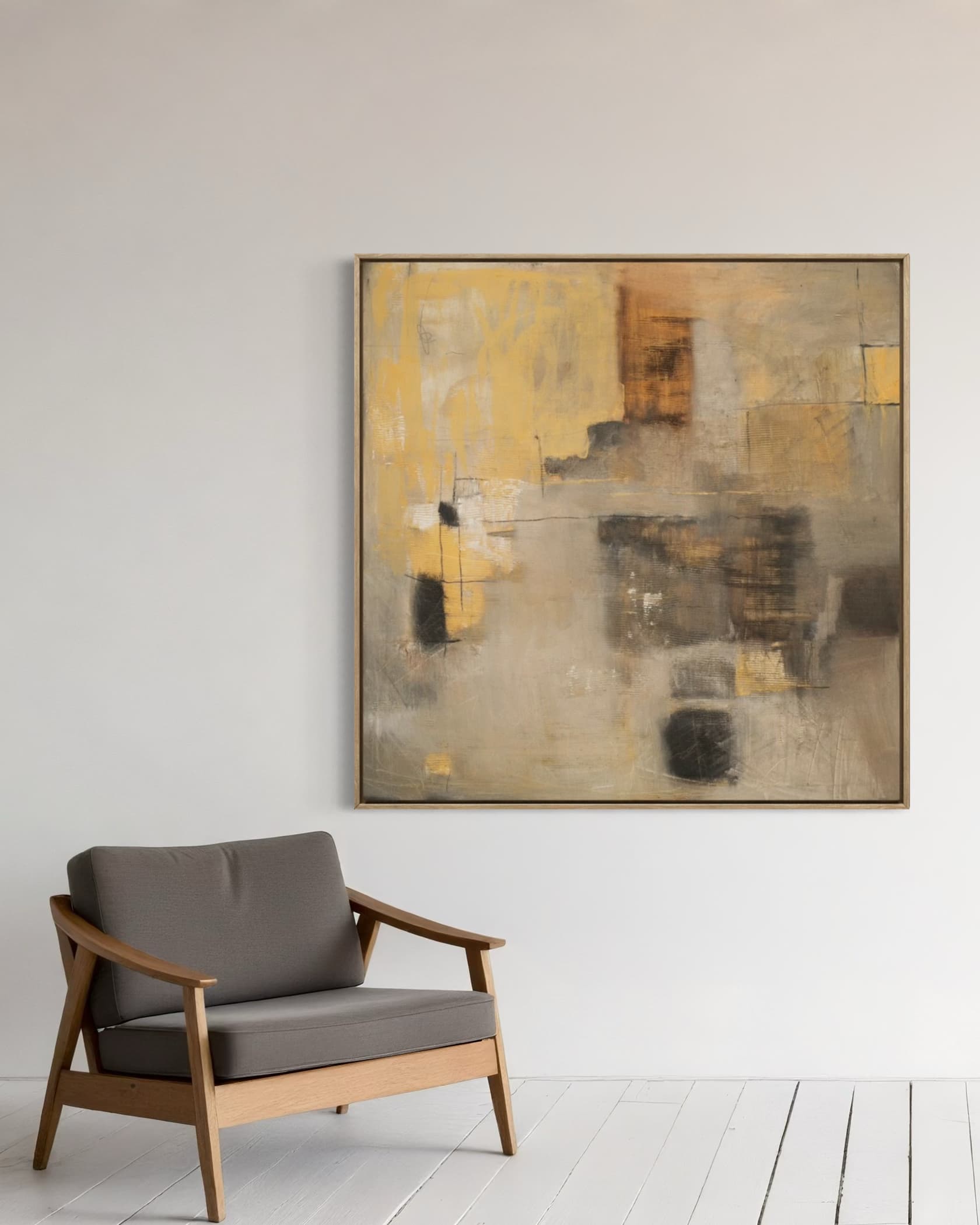 Modern minimalist painting with a retro-inspired palette of gray and warm yellow on a square canvas, highlighting understated brushstrokes for a harmonious blend of nostalgia and simplicity in upscale home or office decor.