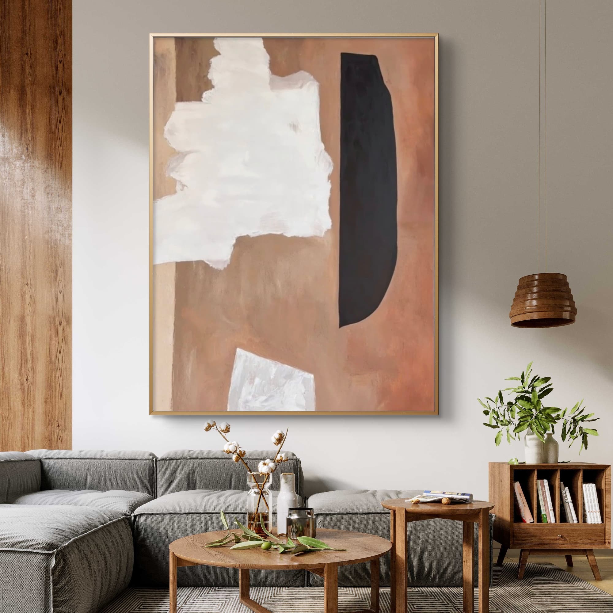 Minimalist abstract acrylic painting with warm brown, white, and black shapes, perfect for a Mid-Century Modern vertical wall display.