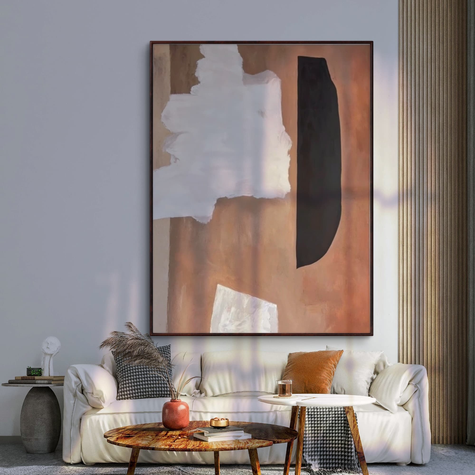 Vertical abstract wall art created with eco-friendly paints, shipped in gallery-grade packaging to enhance modern or retro-themed interiors.