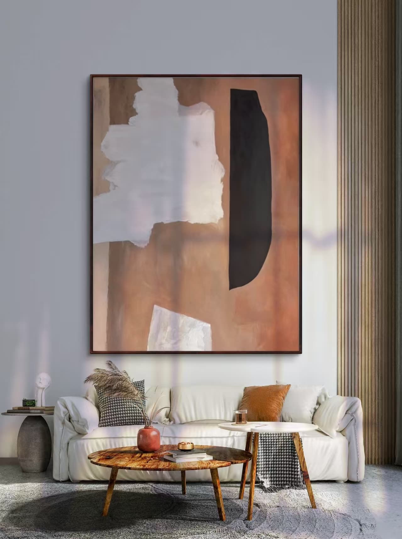 Hand-painted minimalist painting with earthy browns and crisp whites, framed by subtle black accents for a sophisticated look.
