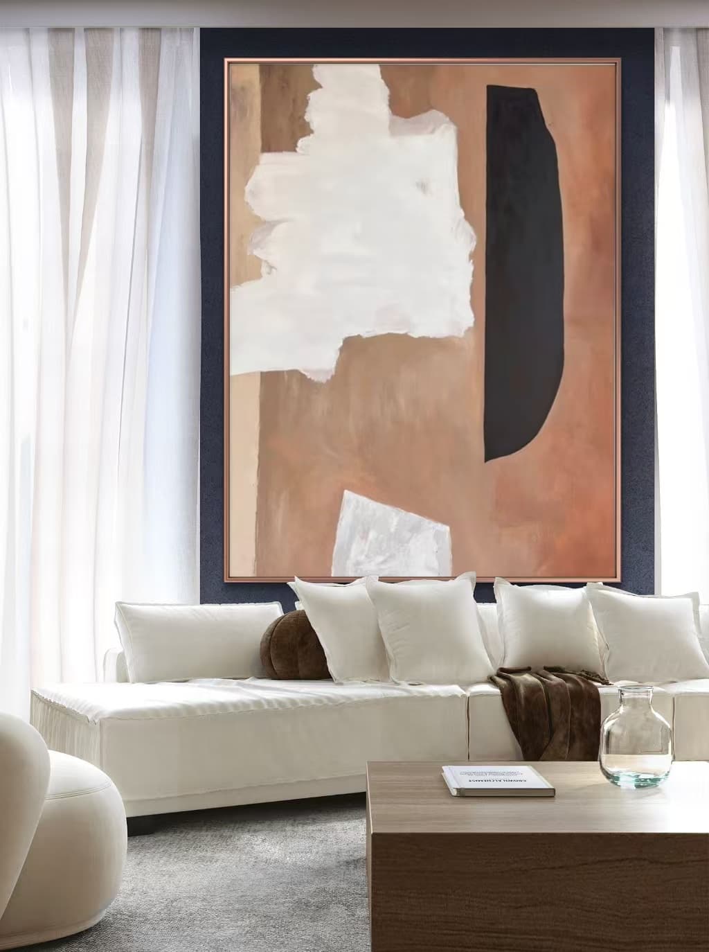 Large Mid-Century Modern-inspired abstract wall decor, showcasing brown, white, and black tones on premium canvas.
