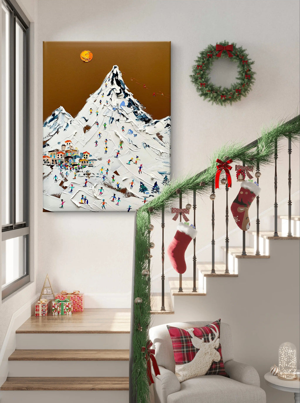 Hand-painted textured wall art depicting a vibrant ski resort scene with a snowy mountain, colorful skiers, and a golden sun.