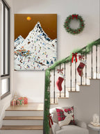Hand-painted textured wall art depicting a vibrant ski resort scene with a snowy mountain, colorful skiers, and a golden sun.