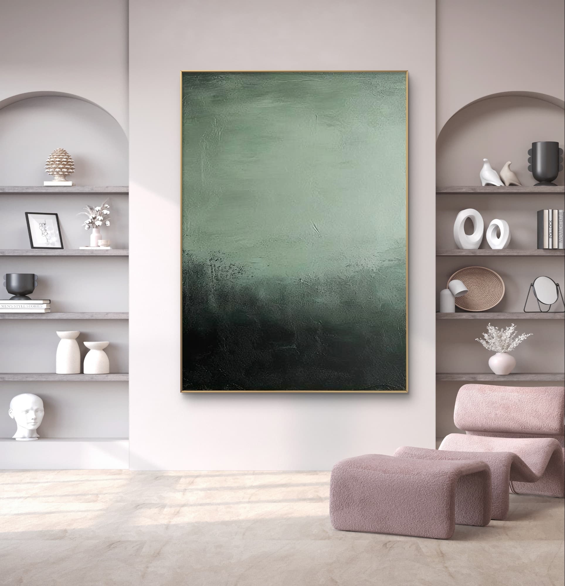 Wabi-Sabi inspired green wall art with organic texture and deep color tones.