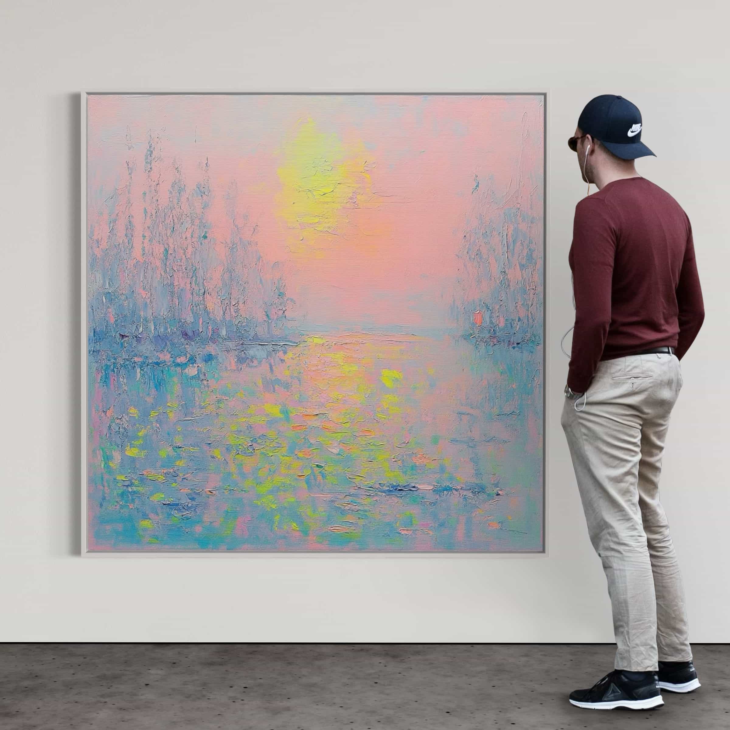 Impressionistic nature-inspired canvas painting in serene pink and blue tones for bedrooms and offices.