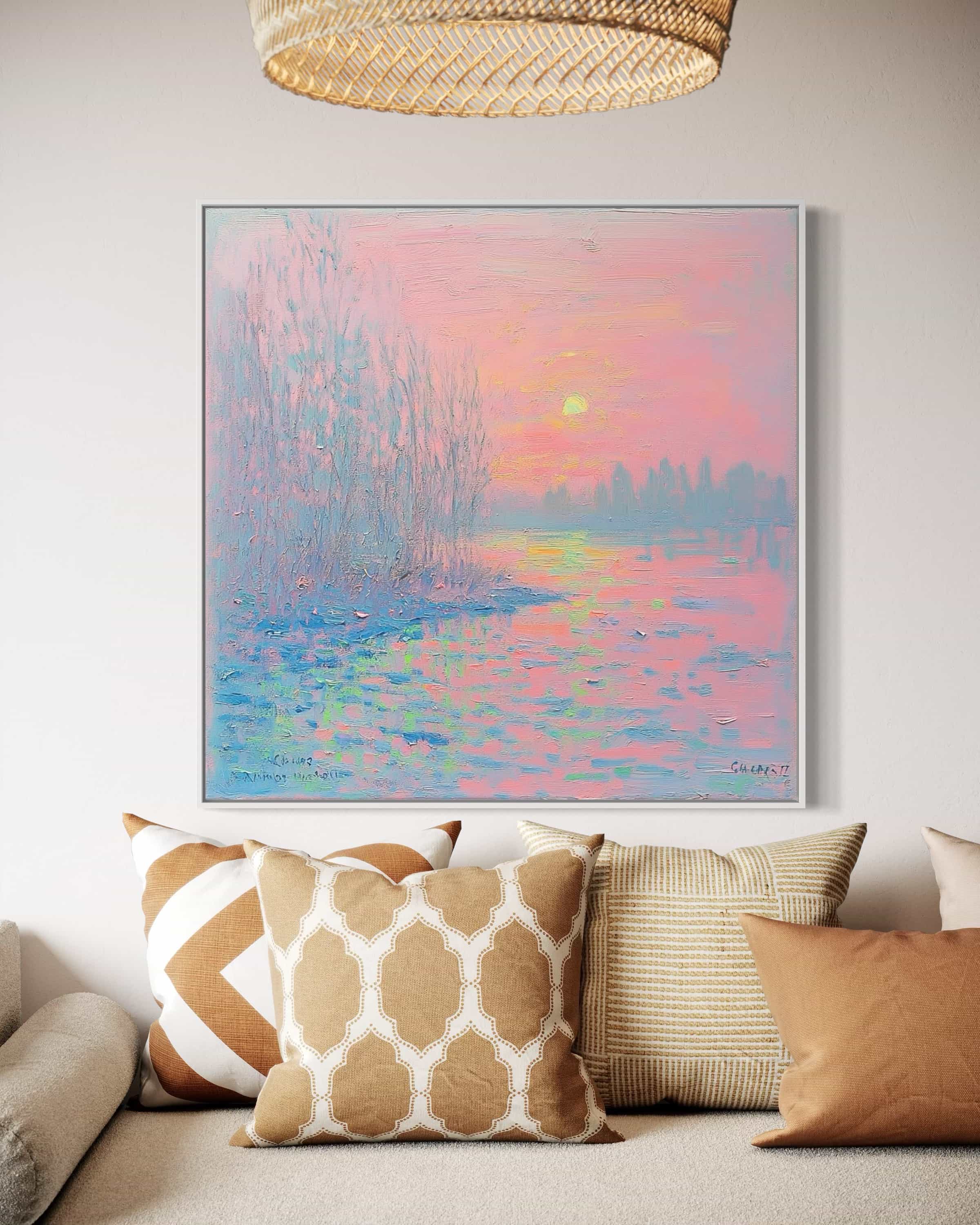 Impressionist landscape wall art in pink, blue, and purple tones, featuring a serene sunset over a tranquil river. Perfect for modern and romantic interiors.