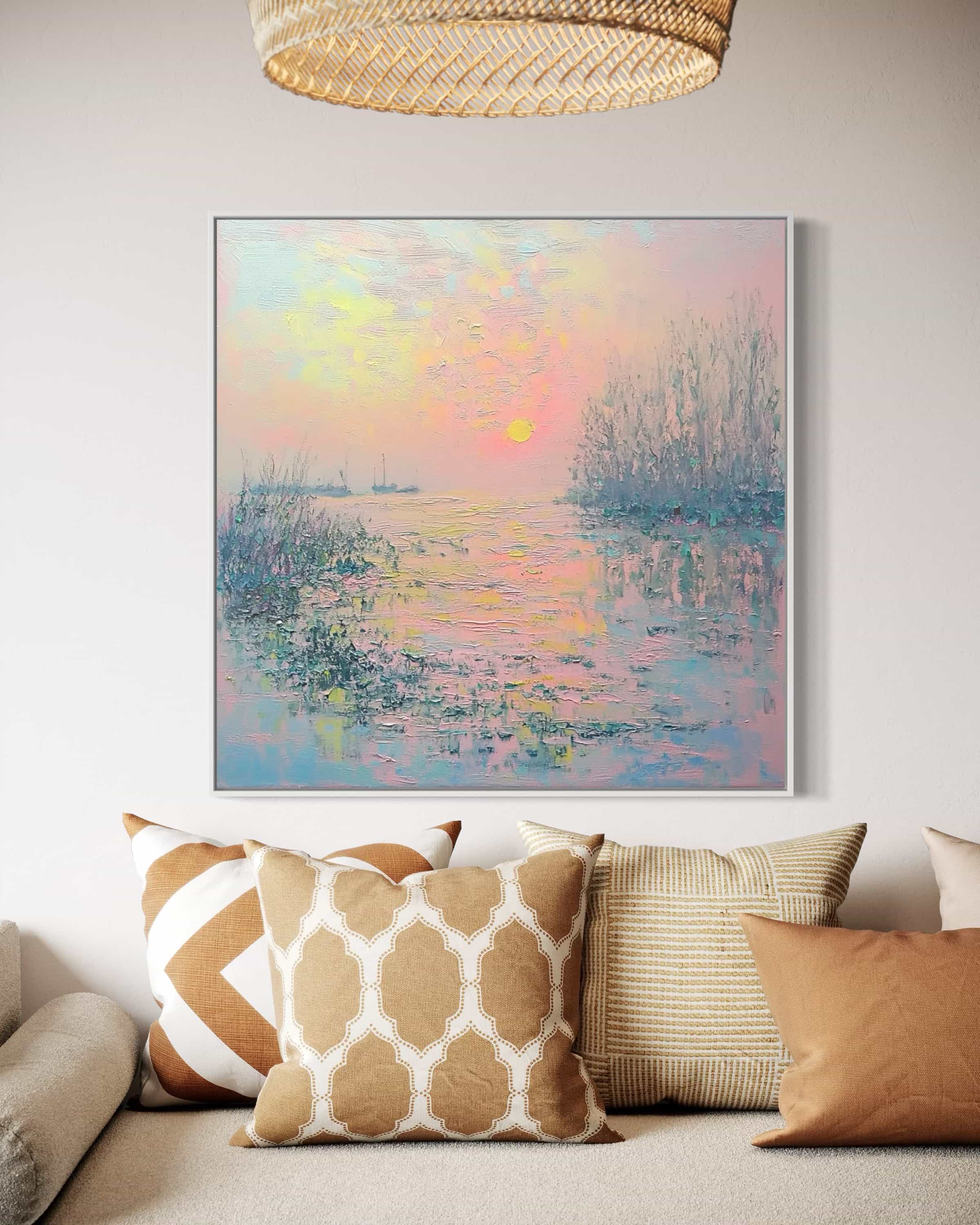 Pastel nature canvas art with pink and blue hues, showcasing a hand-painted impressionistic sunset scene. Ideal for living rooms and bedrooms.