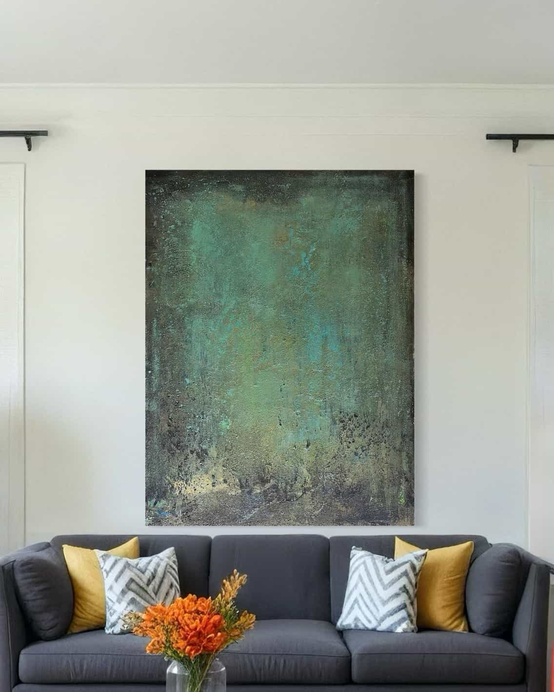bstract Wabi-Sabi painting in vertical format complementing neutral-toned decor