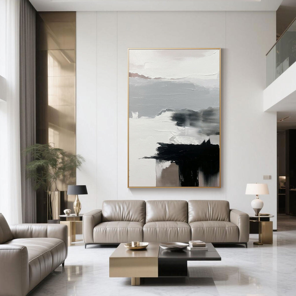 Elegant Abstract Wall Art for modern living room displayed over a neutral-toned seating set with balanced indoor lighting