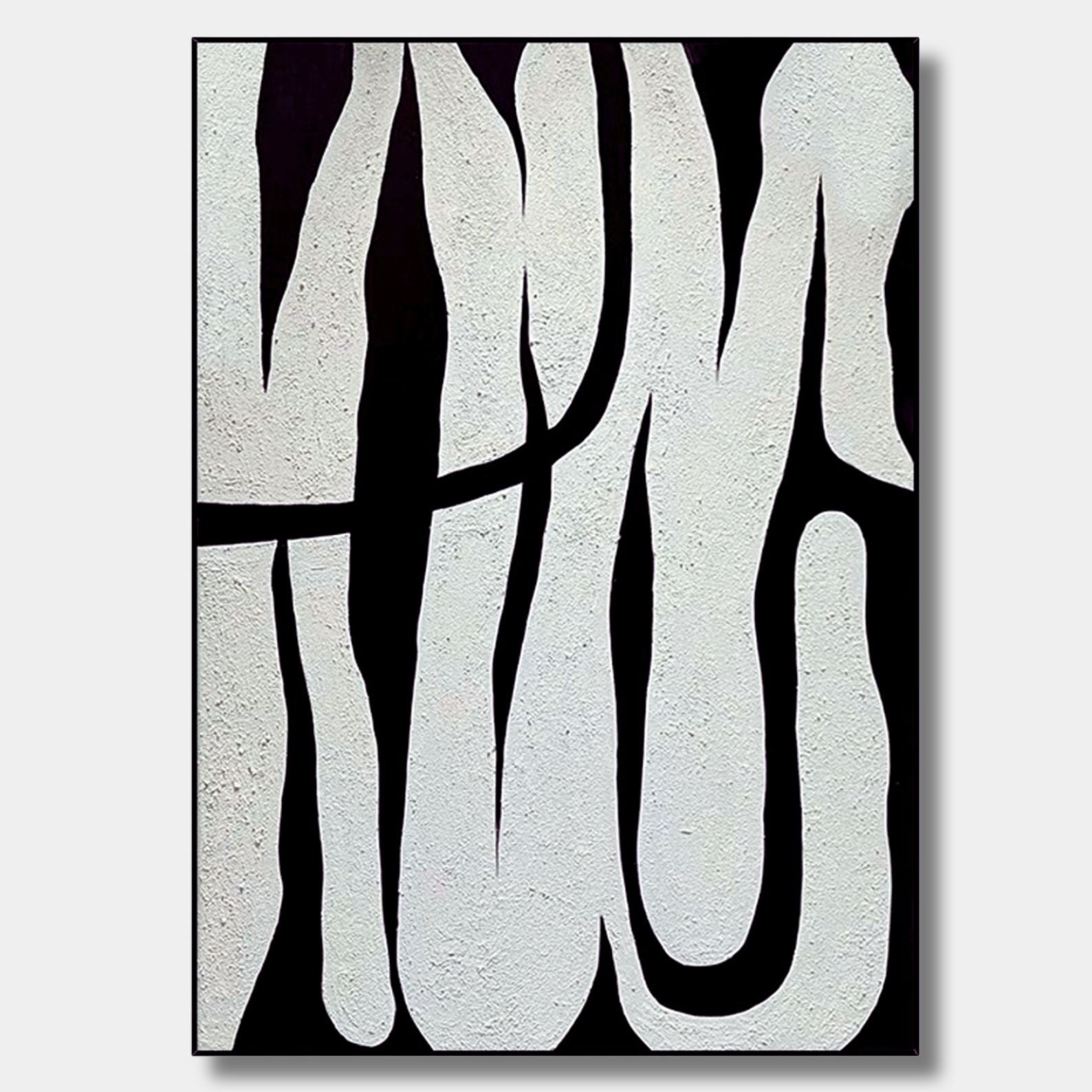 Black and white abstract line art, showcasing minimalist style, with black lines weaving across a white background, adding an artistic touch to modern interiors.