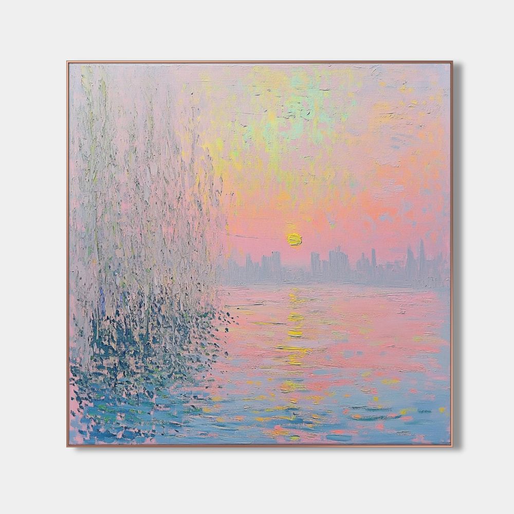 Romantic sunset wall decor in vibrant pink and purple shades, depicting a calming riverside view. Handcrafted on premium canvas for timeless elegance.