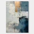Minimalist blue and white abstract hand-painted textured canvas art with gold accents, titled Blue Threshold