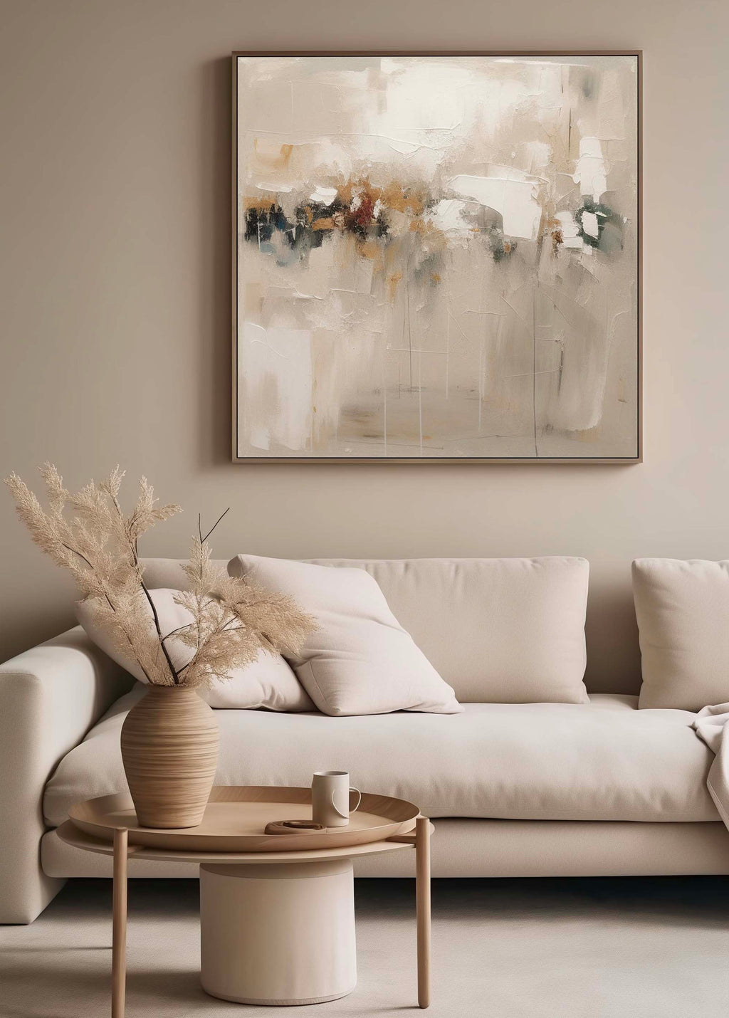 Abstract art canvas above sofa, framed minimalist wall art.