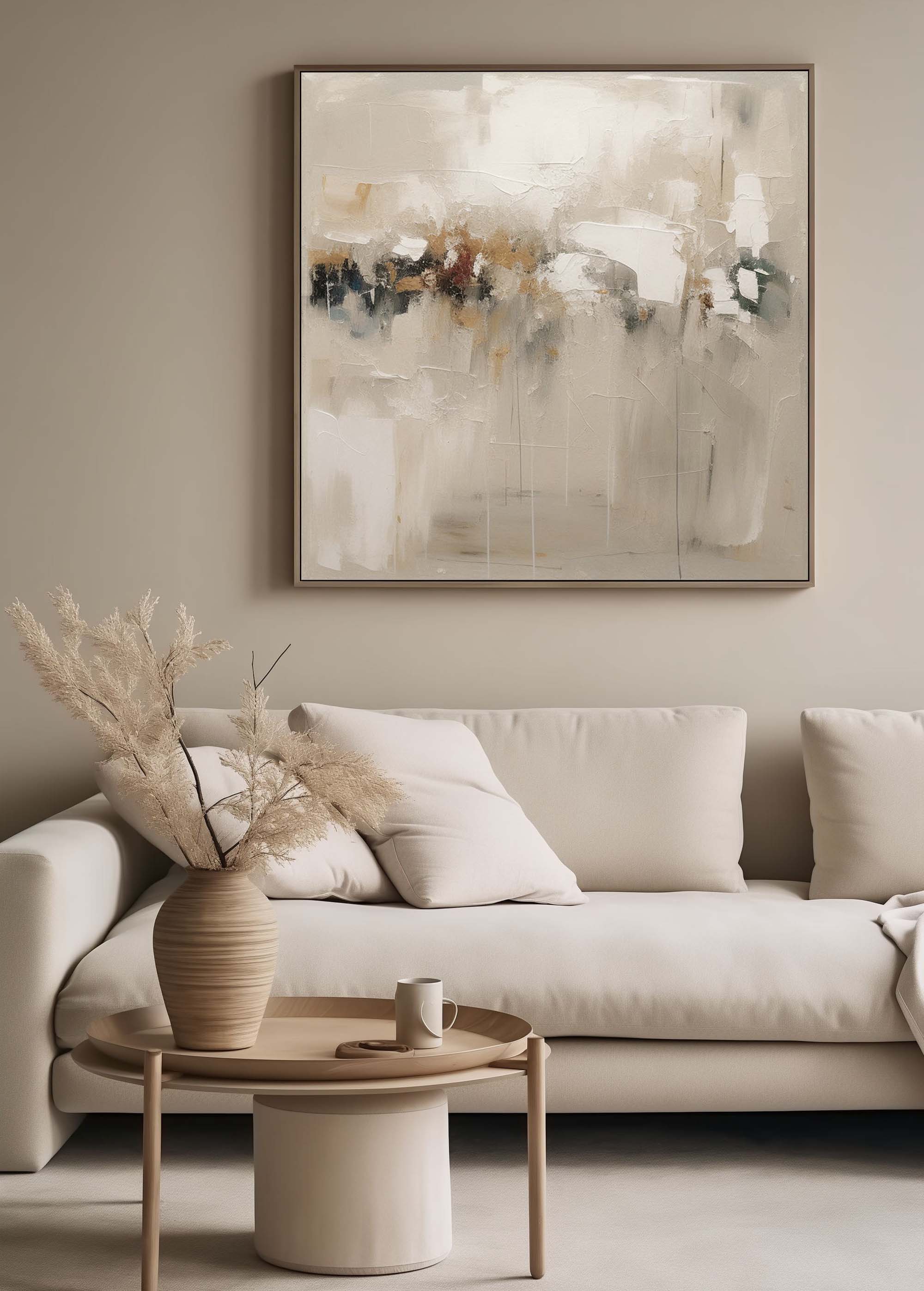 Abstract art canvas above sofa, framed minimalist wall art.
